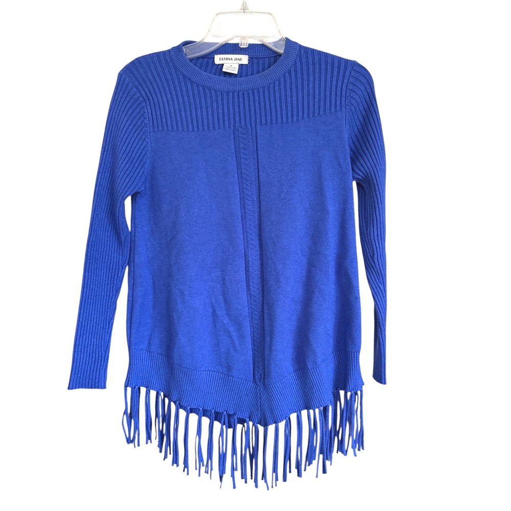 Estrna Jane Cobalt Blue Fringe Hem Ribbed Chunky Knit Sweater Womens S Western